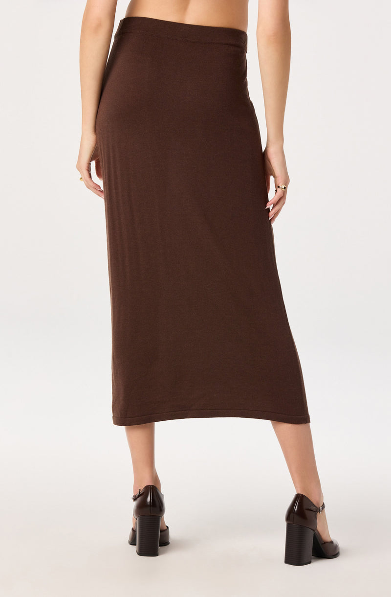 Brown high-waisted, ankle-length skirt with a fitted silhouette.