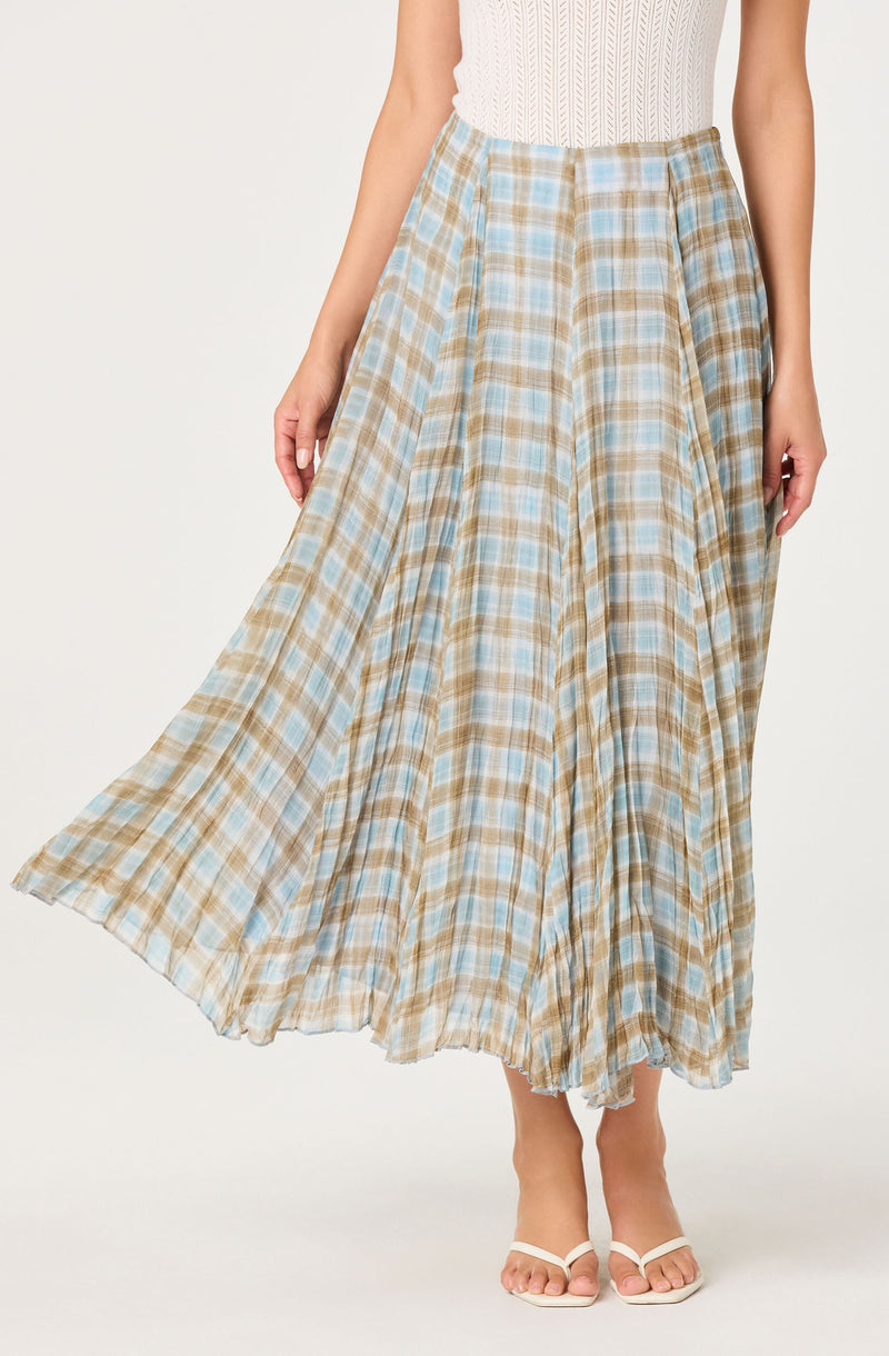 Pleated plaid skirt in beige, blue, and light brown tones.