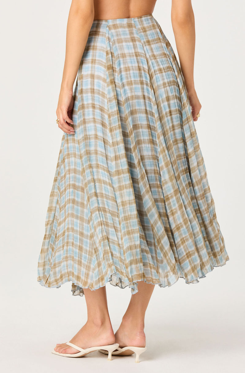 Long plaid skirt in beige, blue, and brown tones, with a pleated design.