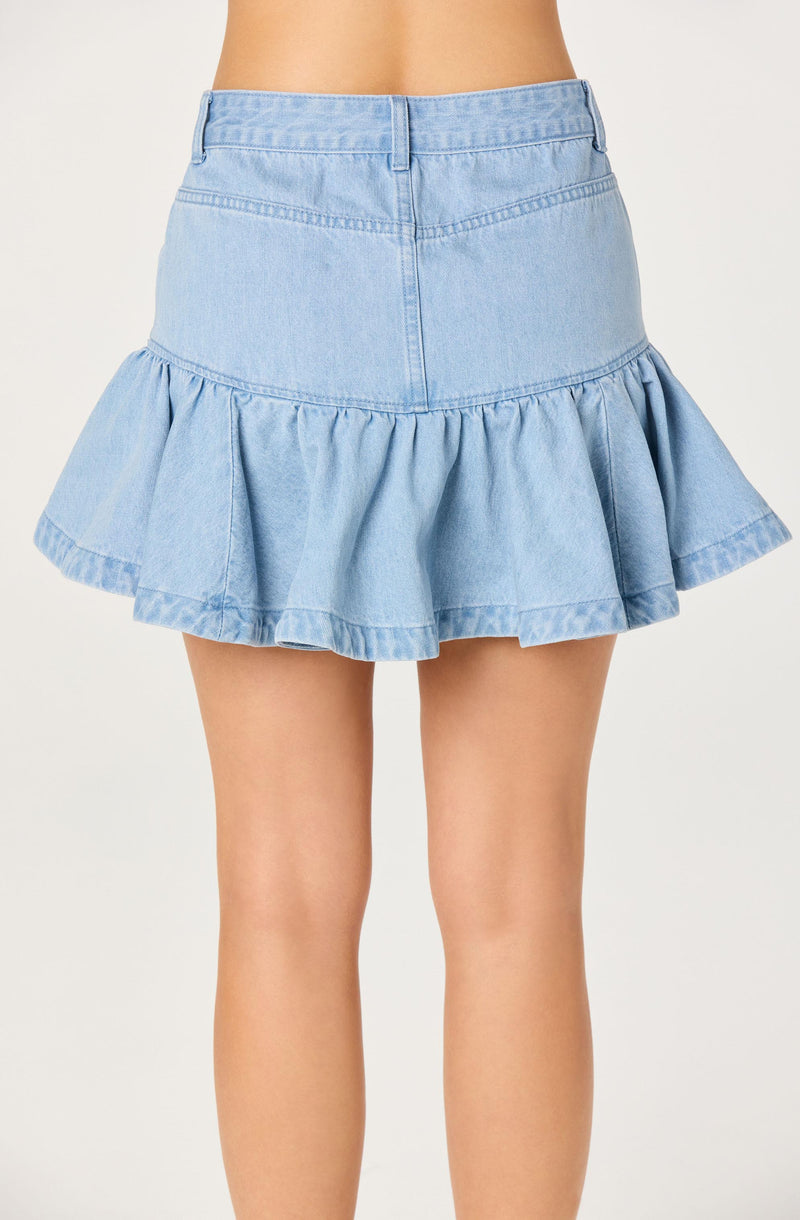Light blue denim skirt with a ruffled hem.