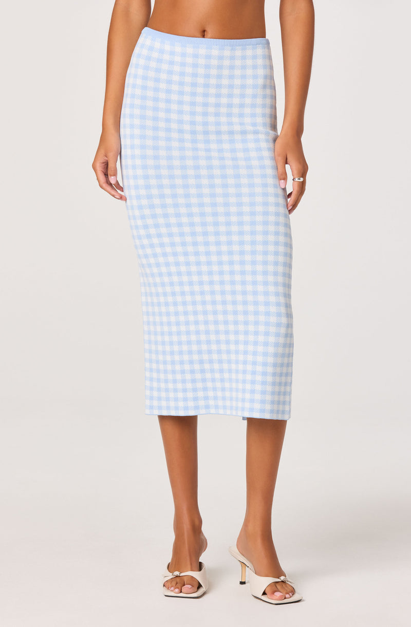 Light blue and white checkered midi skirt with a fitted waist.