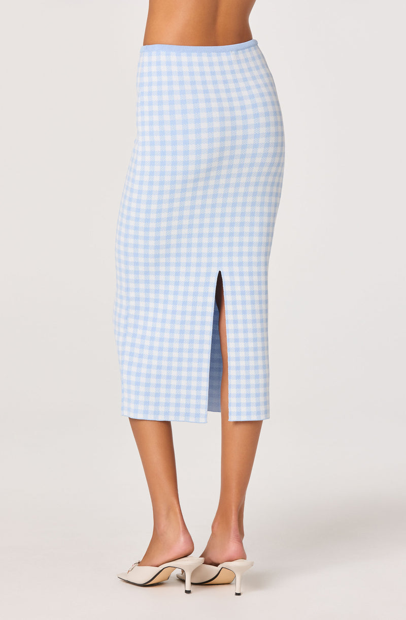 Light blue and white checkered midi skirt with front slit.