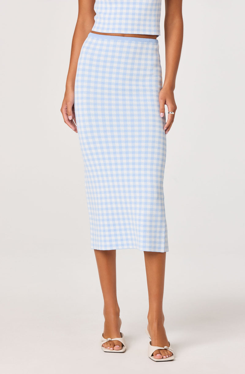 Light blue and white gingham crop top and high-waisted midi skirt.