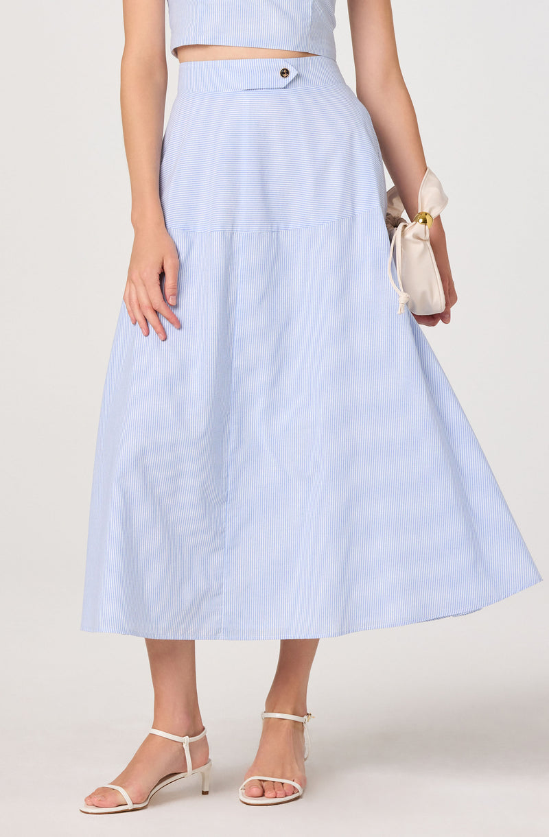 Light blue and white striped midi skirt with a button detail at the waistband.