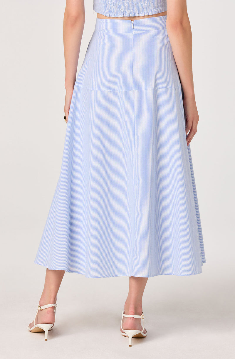 Light blue and white striped ankle-length skirt with a high waist.