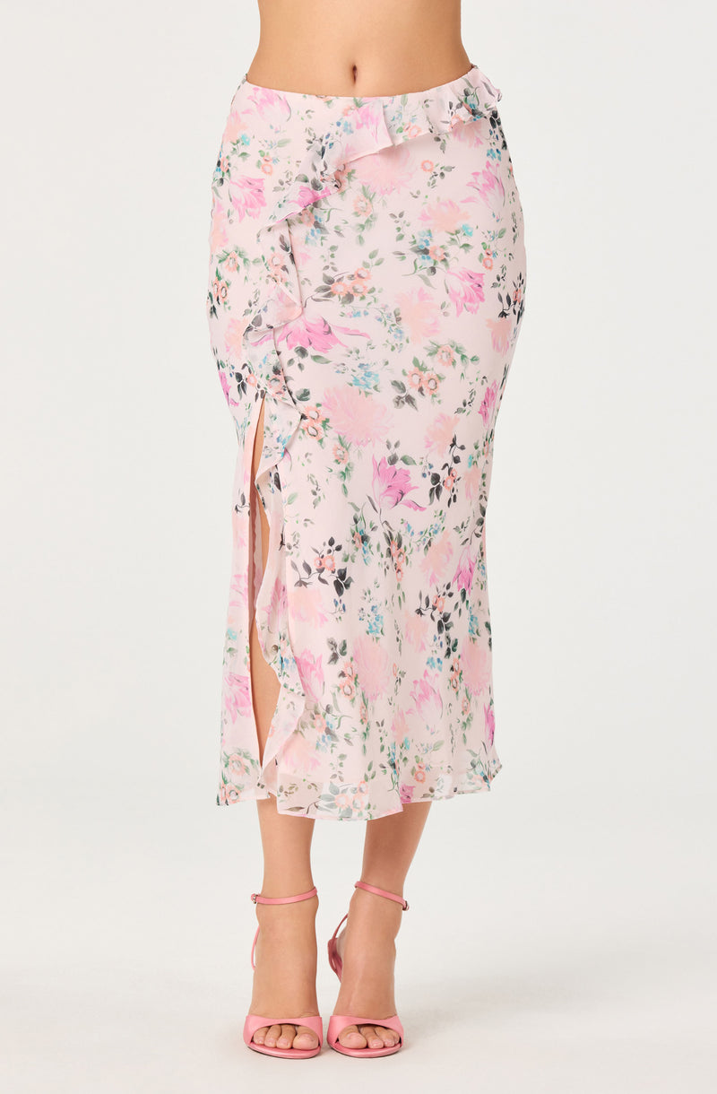 Light pink floral midi skirt with ruffle details and side slit.