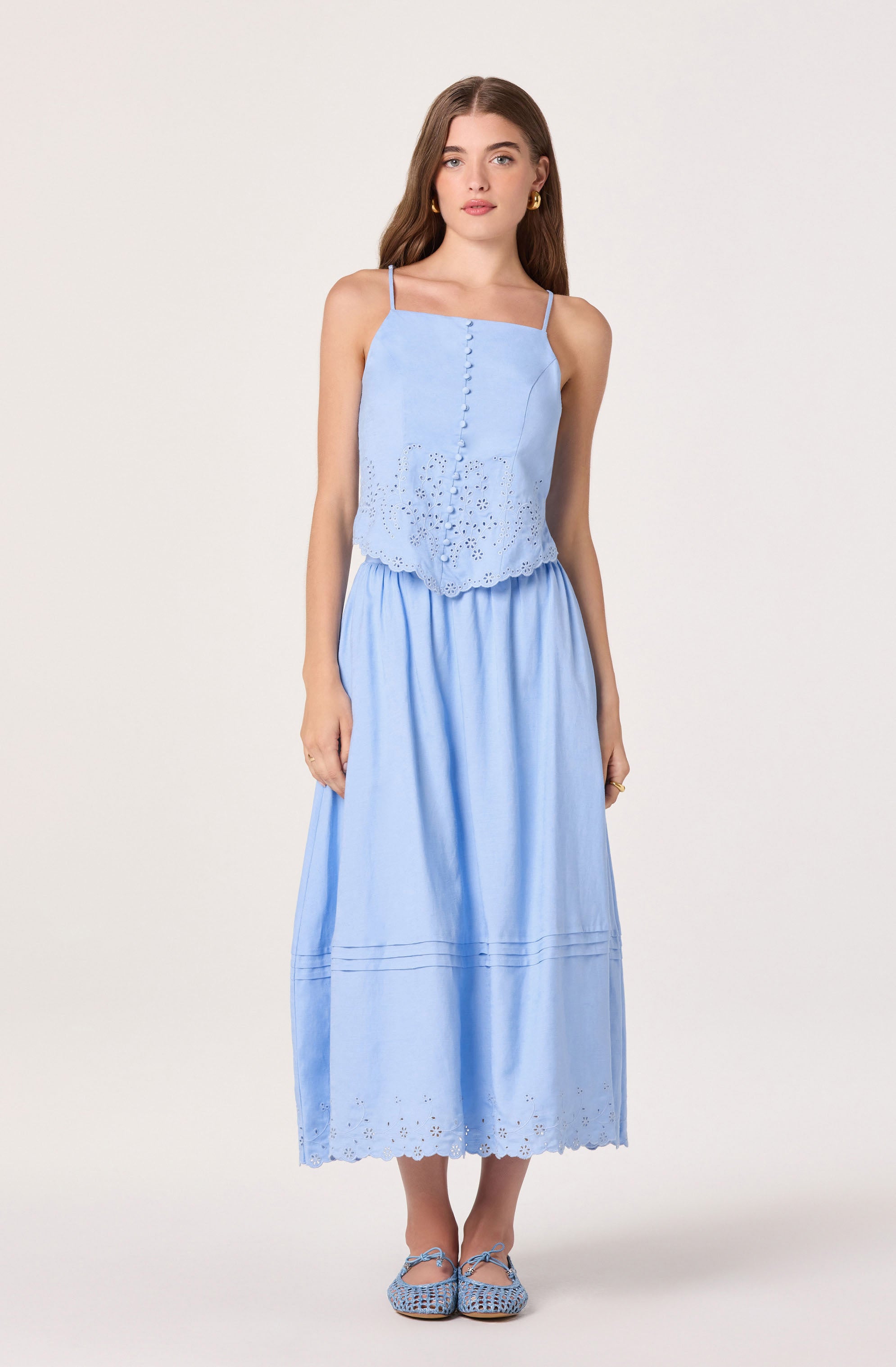 Shelly Eyelet Hem Linen Midi Skirt