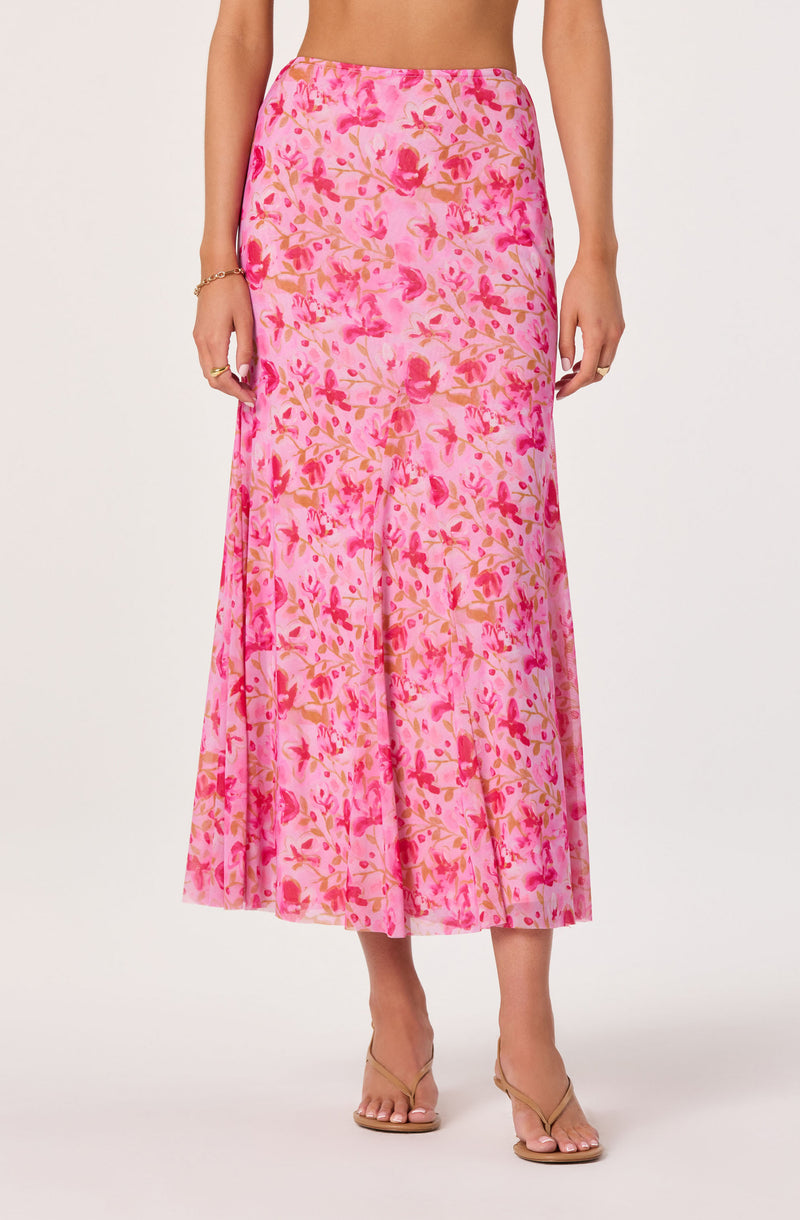 Pink floral printed midi skirt with a flowy, pleated design.