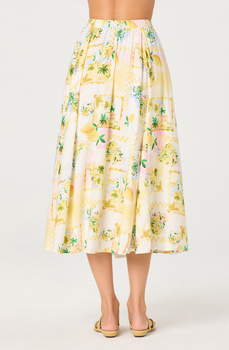 Long, high-waisted skirt with a colorful tropical and geometric print, ankle length.