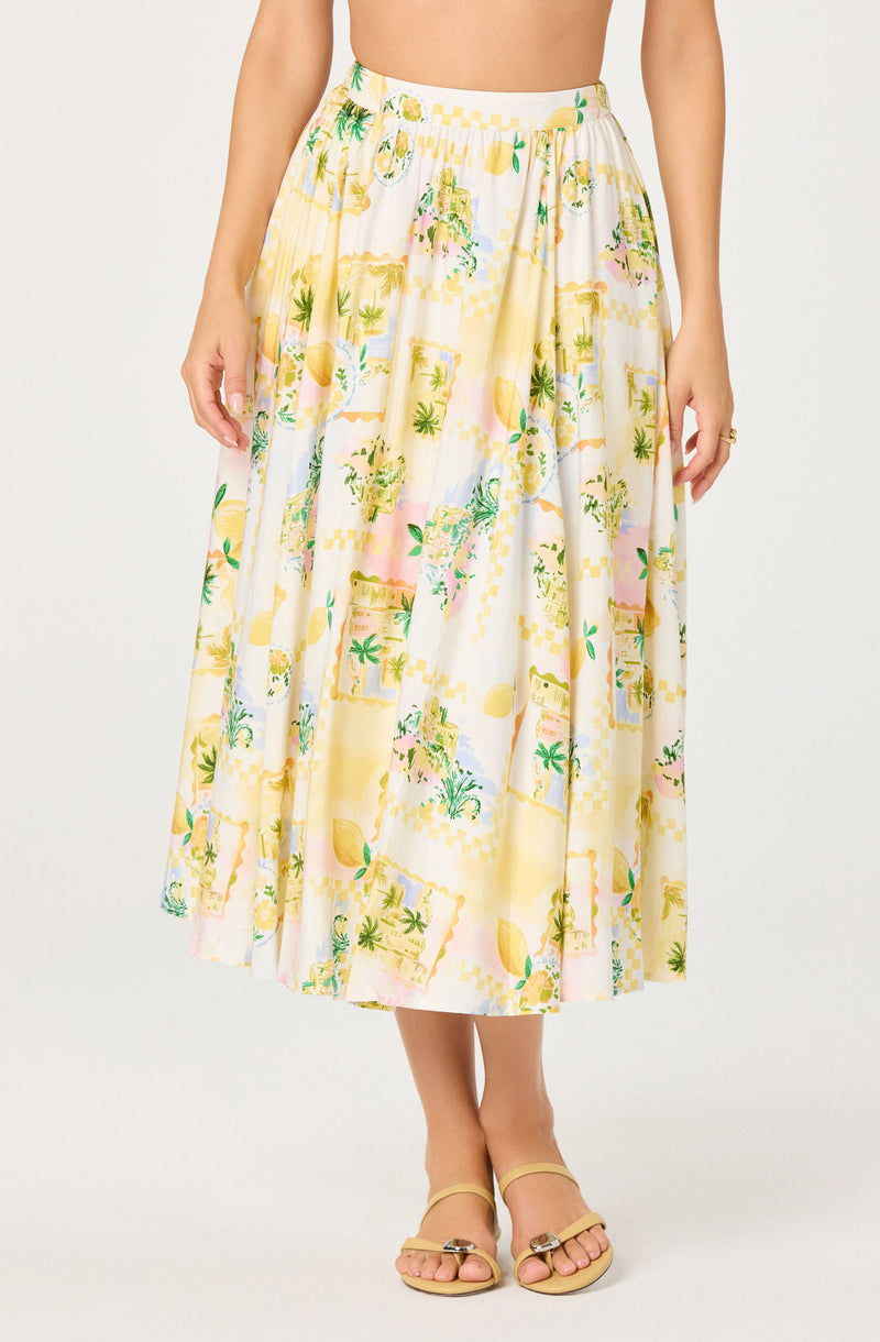 Women's midi skirt with a colorful, tropical print featuring yellow, pink, green, and blue shades.