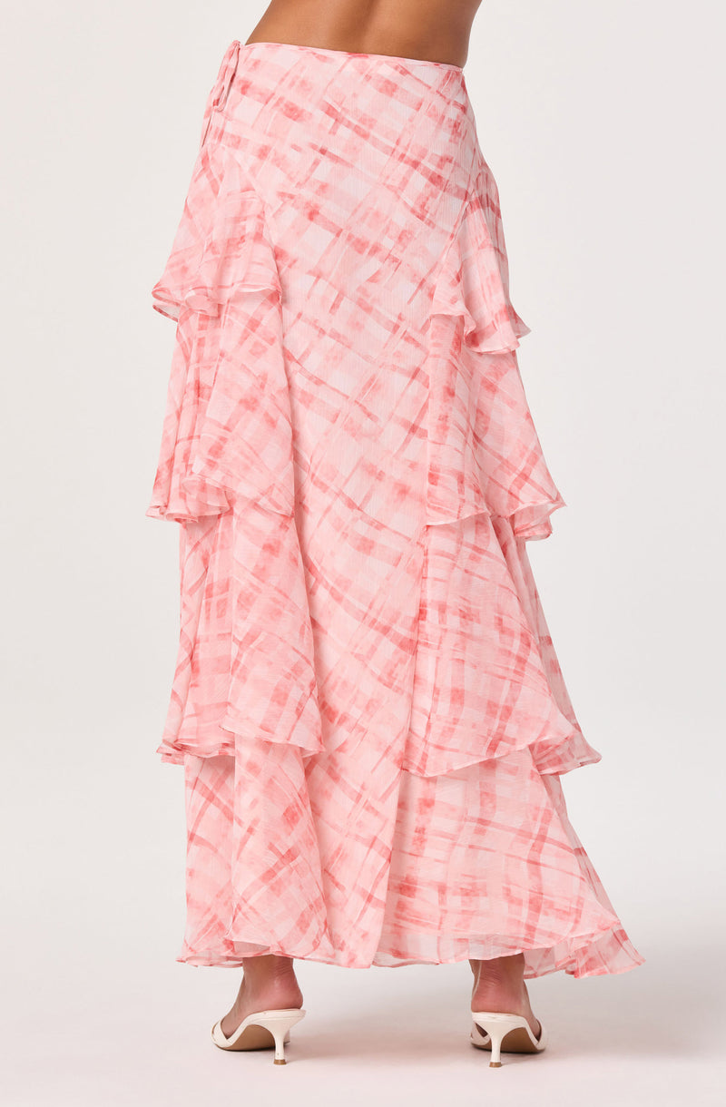 Pink plaid ruffled maxi skirt with tiered ruffles and a high waist.