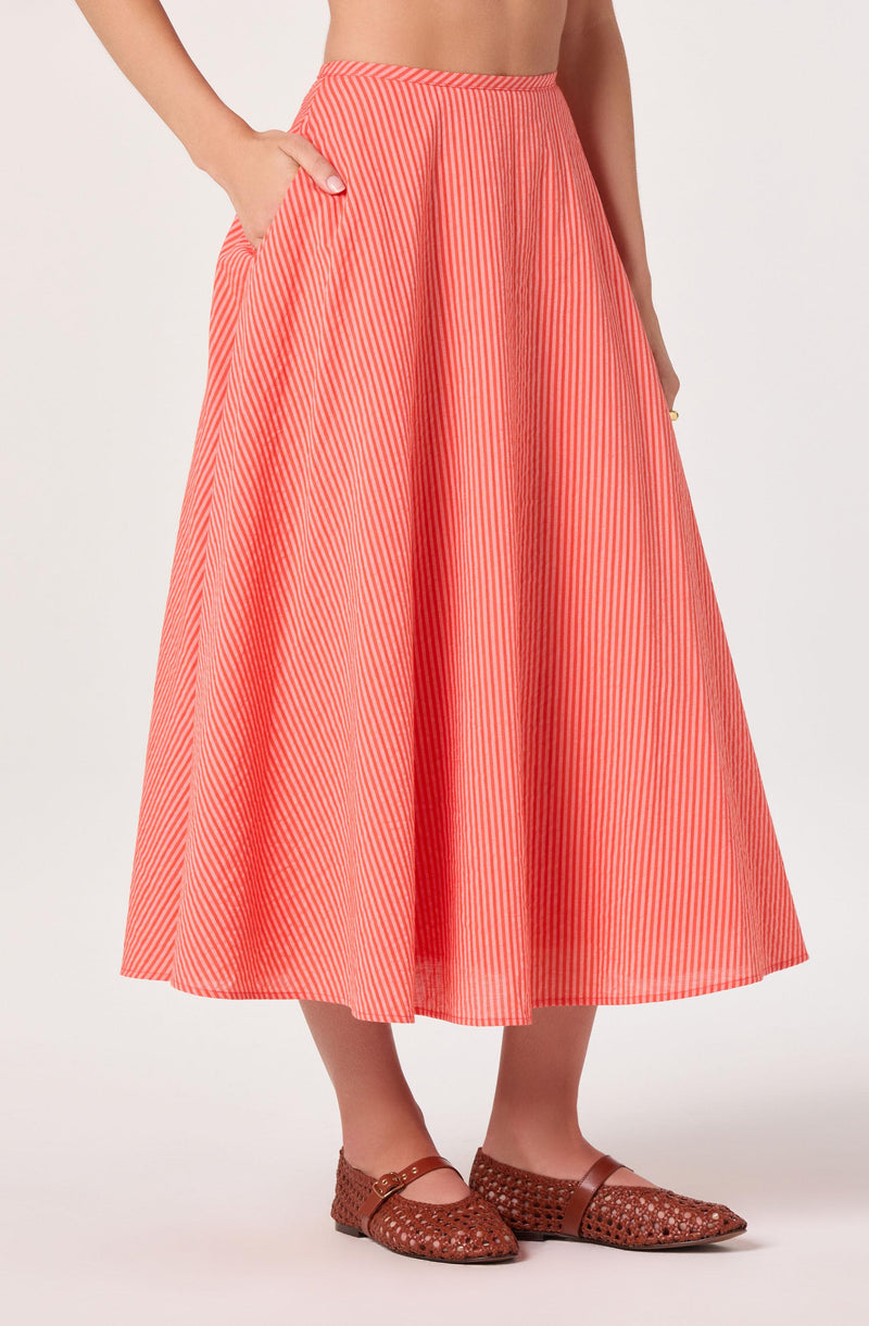 Red and white striped A-line midi skirt with side pockets.