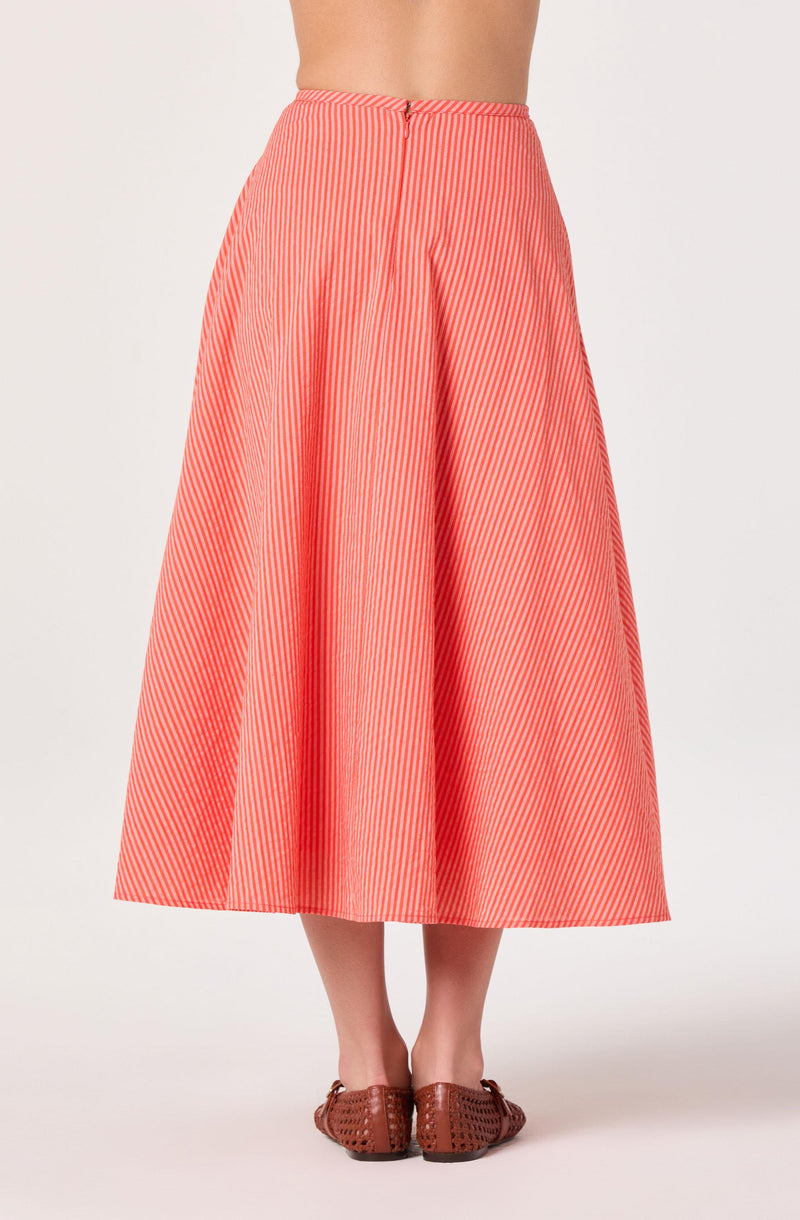 Red and white vertically striped A-line midi skirt with a high waist.