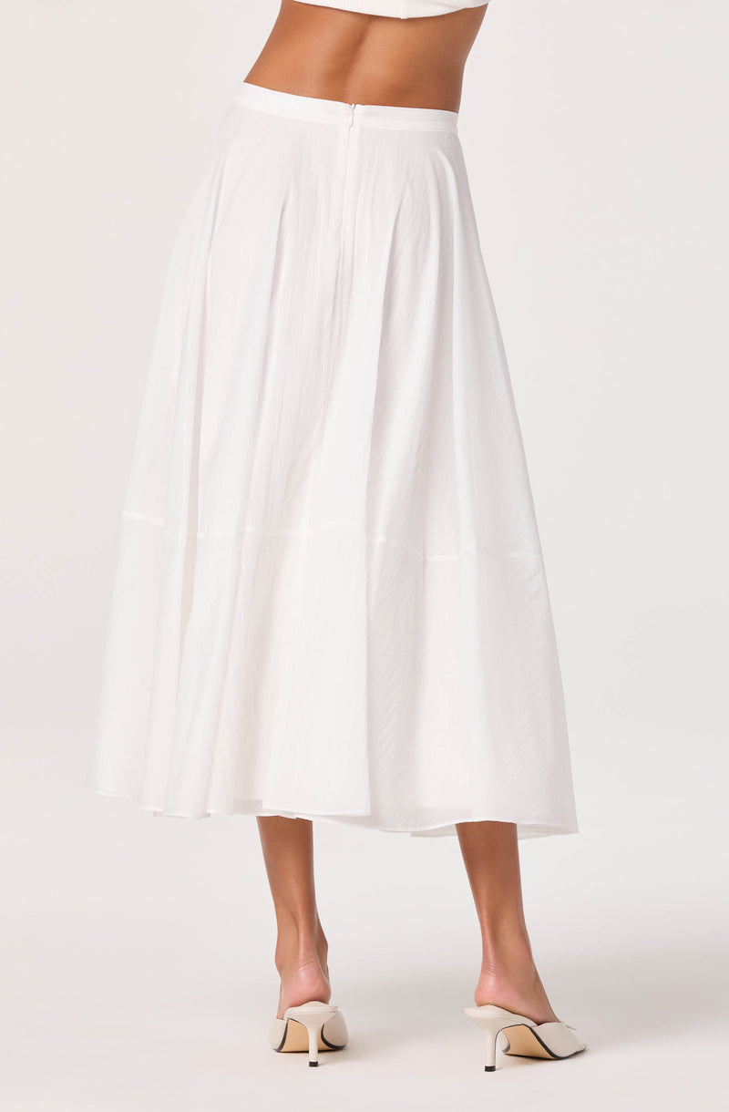 White, high-waisted, pleated maxi skirt with a zipper back.