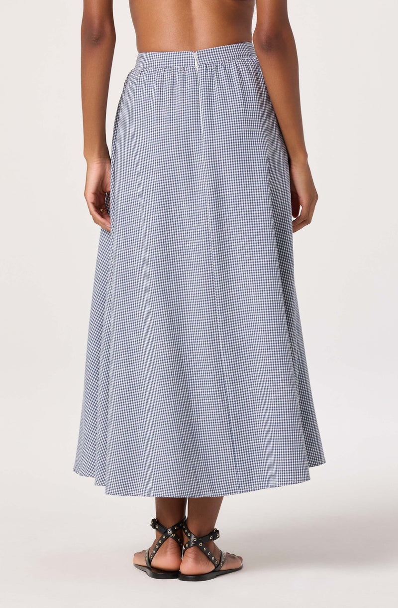Long blue and white checked maxi skirt with an elastic waistband.
