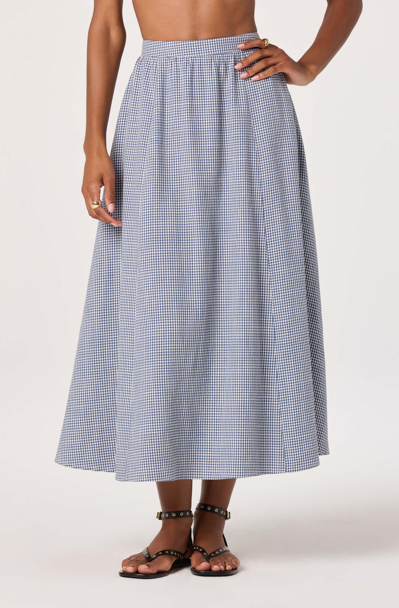 Long blue and white checkered skirt with an elastic waistband.