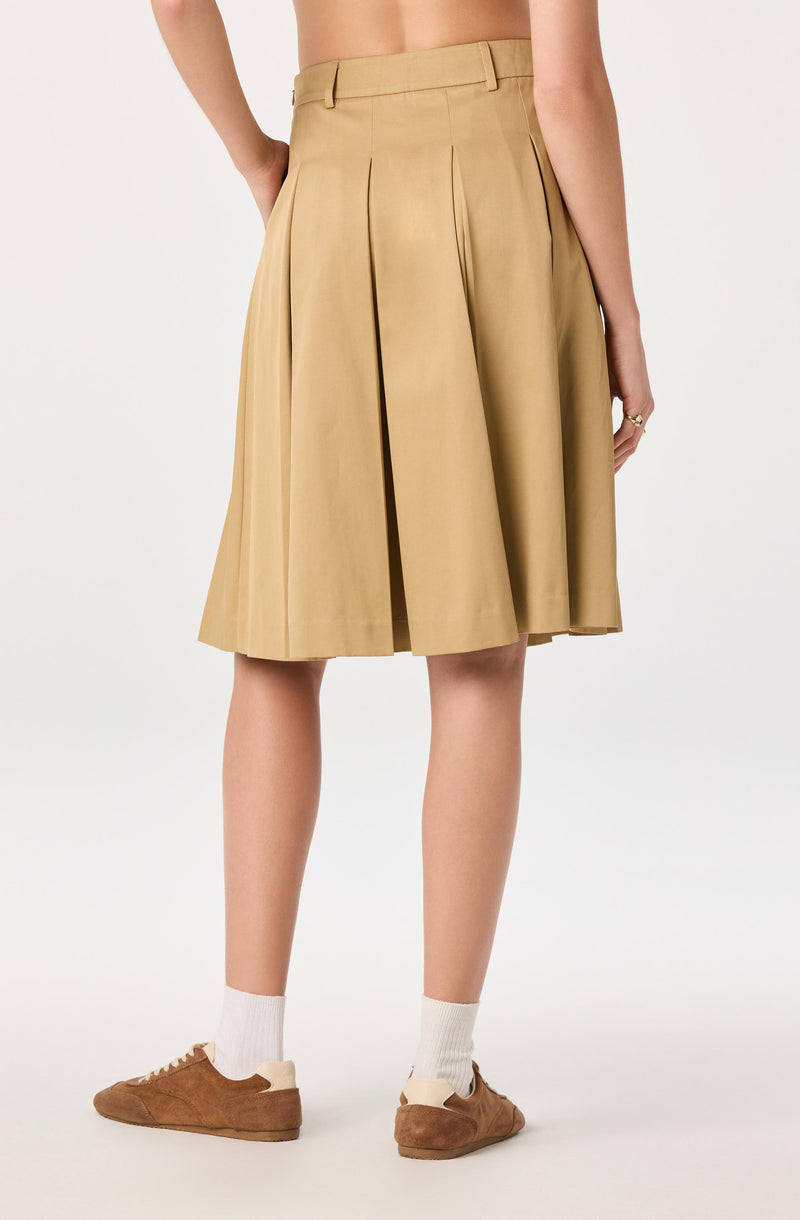 Beige pleated midi skirt, high waist, side pockets.