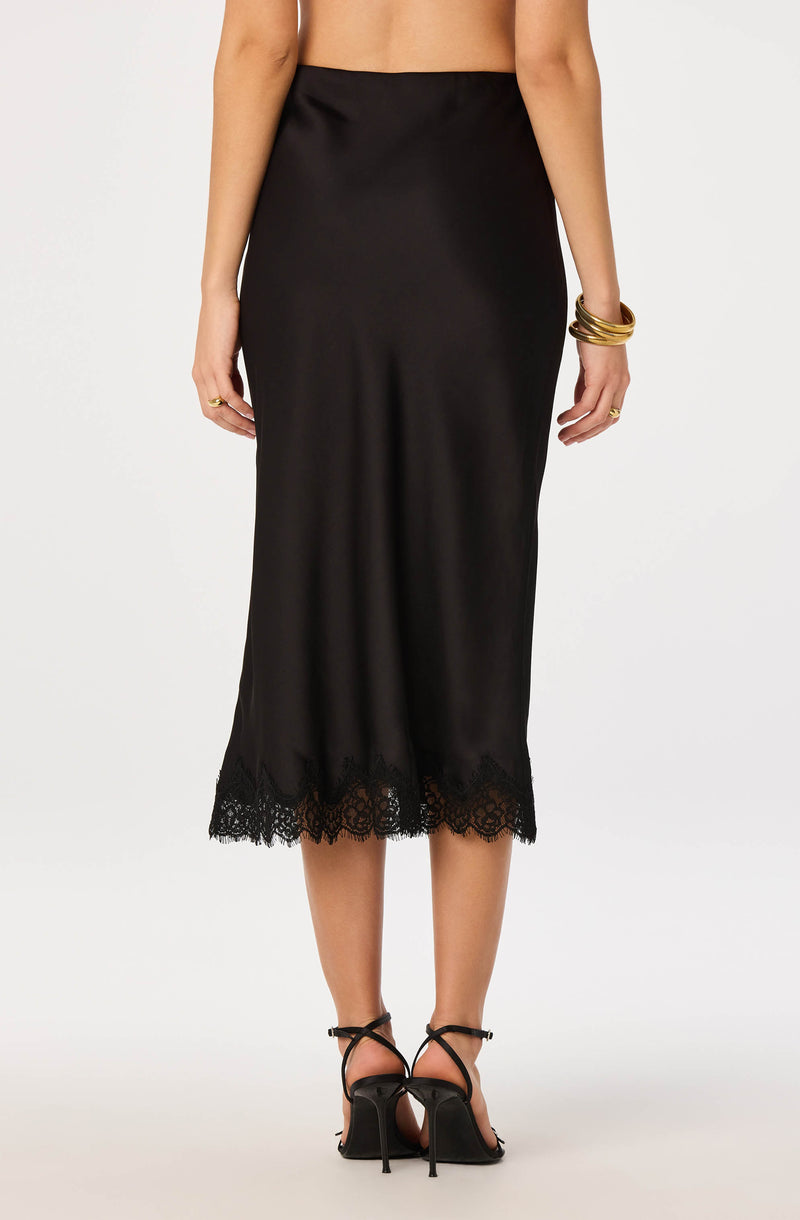 Black satin midi skirt with lace hem.