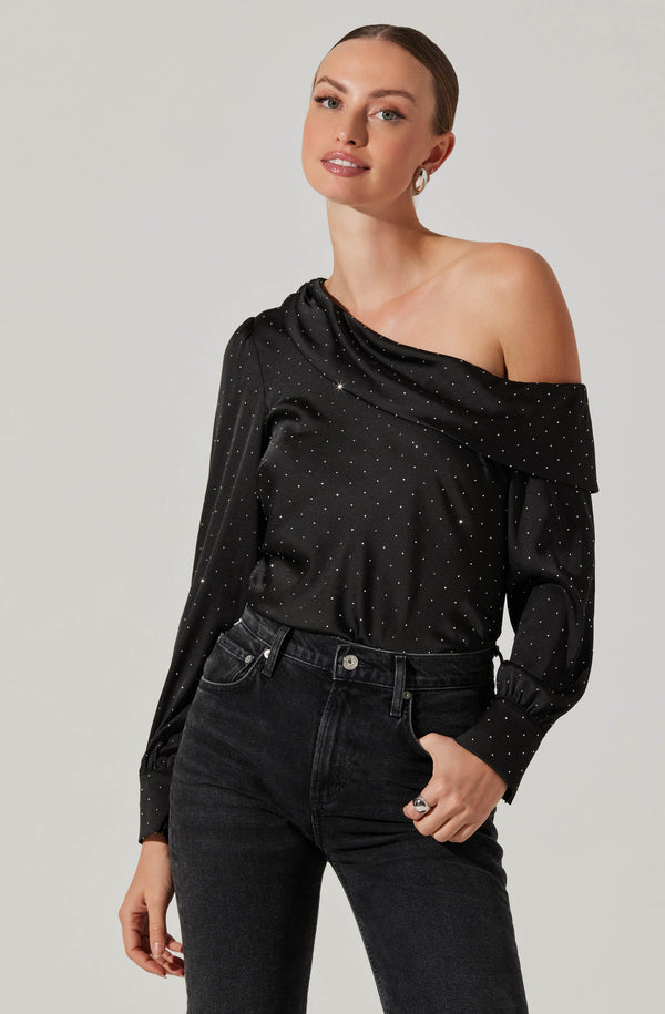 Ellen Satin Rhinestone One Shoulder Top - ASTR the Label