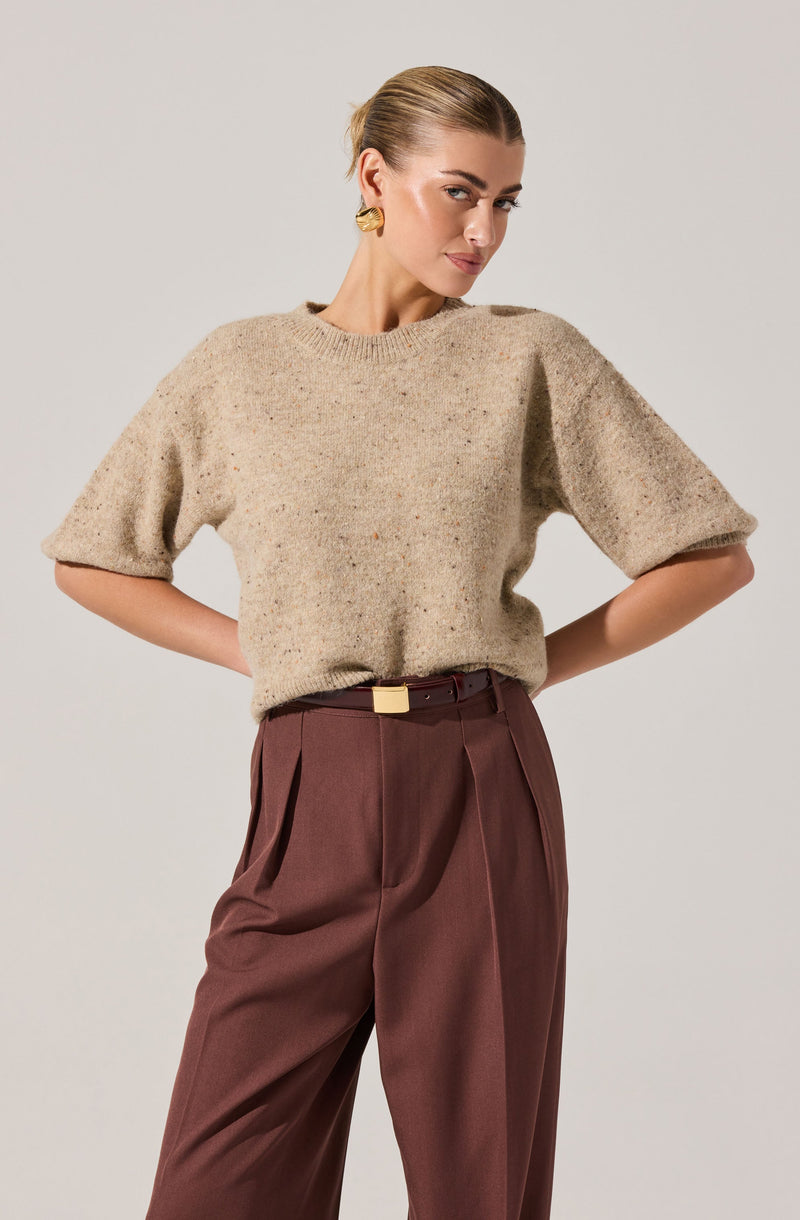 A woman is wearing a beige, short-sleeved, slightly oversized knit sweater with a rounded neckline, paired with high-waisted, pleated, brown trousers that have a belt with a rectangular buckle. She has her hands on her hips, and her hair is styled in a sleek, pulled-back look. She is accessorized with large, gold, sculptural earrings.