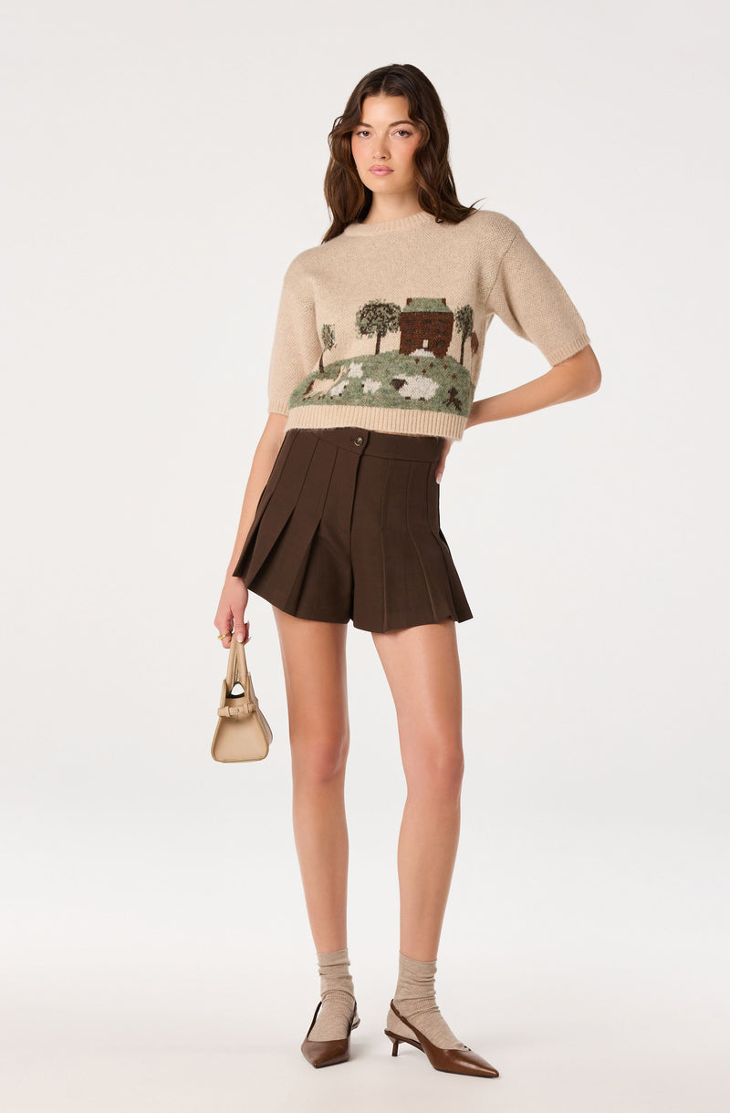 Beige sweater with a landscape and house design, paired with dark brown pleated shorts, beige socks, and brown heels.