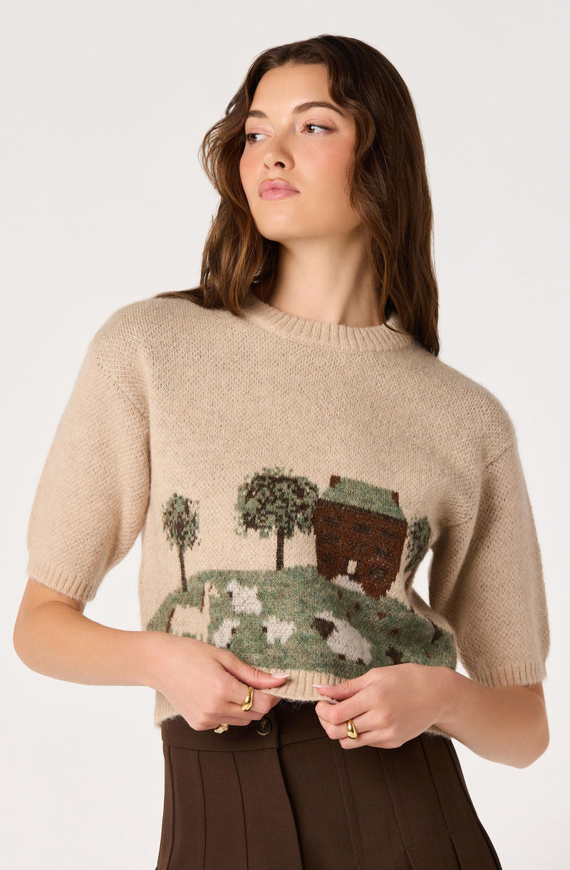 Beige knit sweater with a pastoral house and trees print, and brown high-waisted pants.