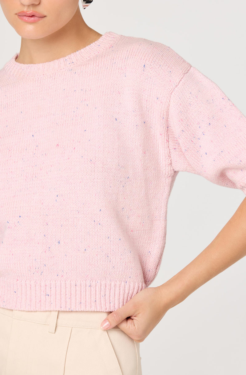 A person is wearing a light pink, speckled knit sweater with a round neckline and short sleeves. The sweater has small blue, purple, and pink flecks throughout the fabric. The person is also wearing beige pants.