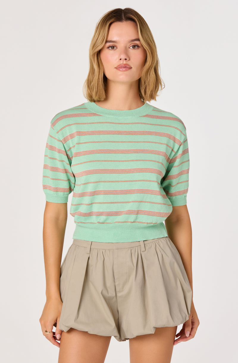 Mint green and pink striped short-sleeve sweater with a ribbed hem.