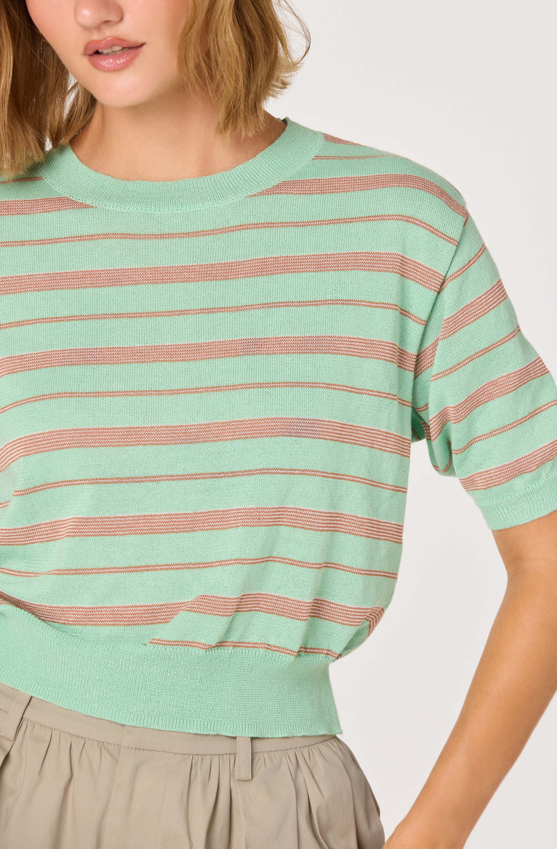 Woman wearing a mint green and pink striped short-sleeve sweater.