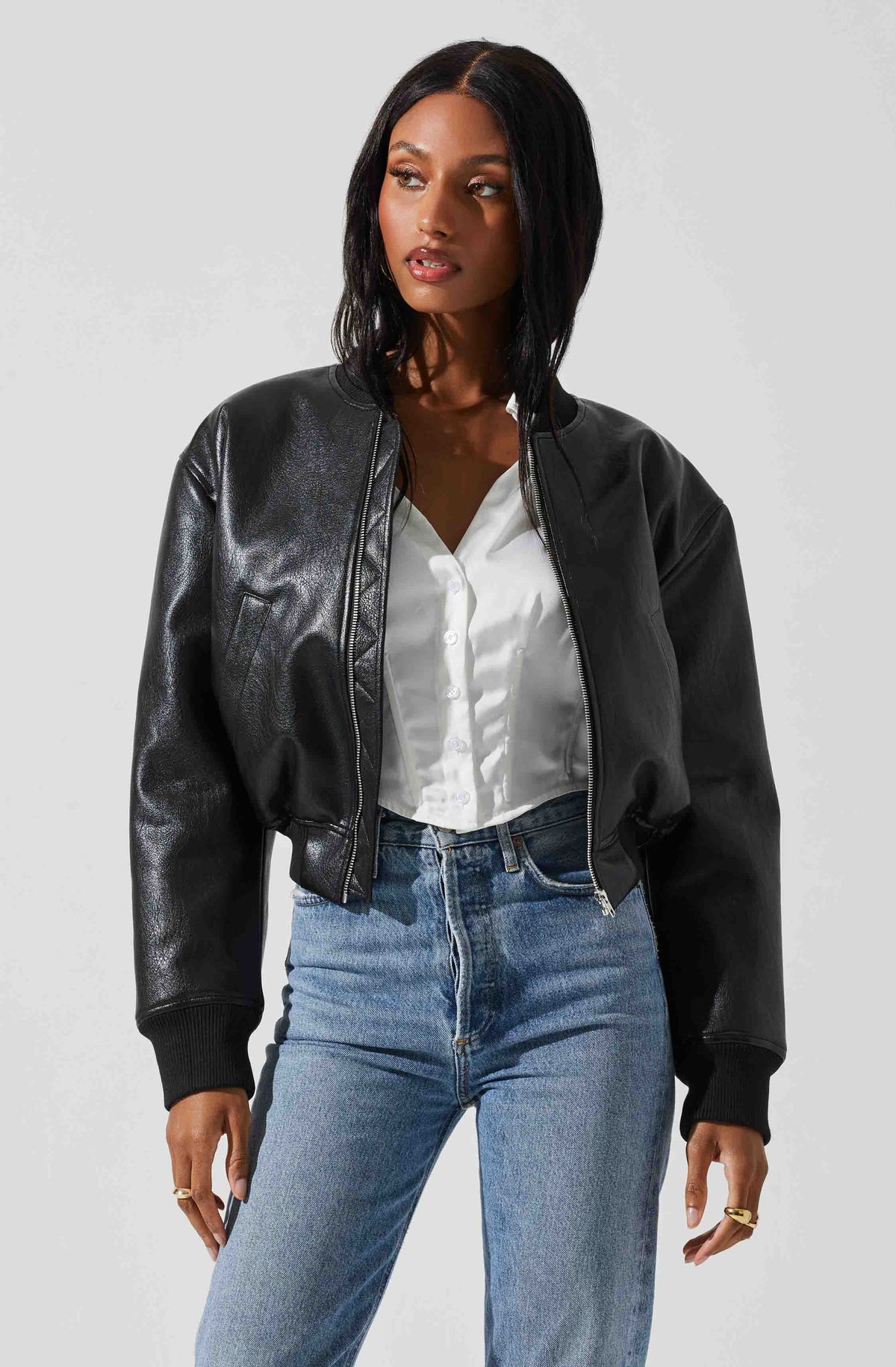 Faux Leather Cropped Bomber Jacket Brown Women's L