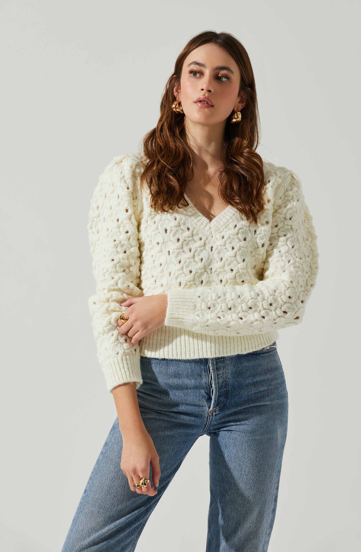 EVY PUFF SLEEVE POINTELLE SWEATER