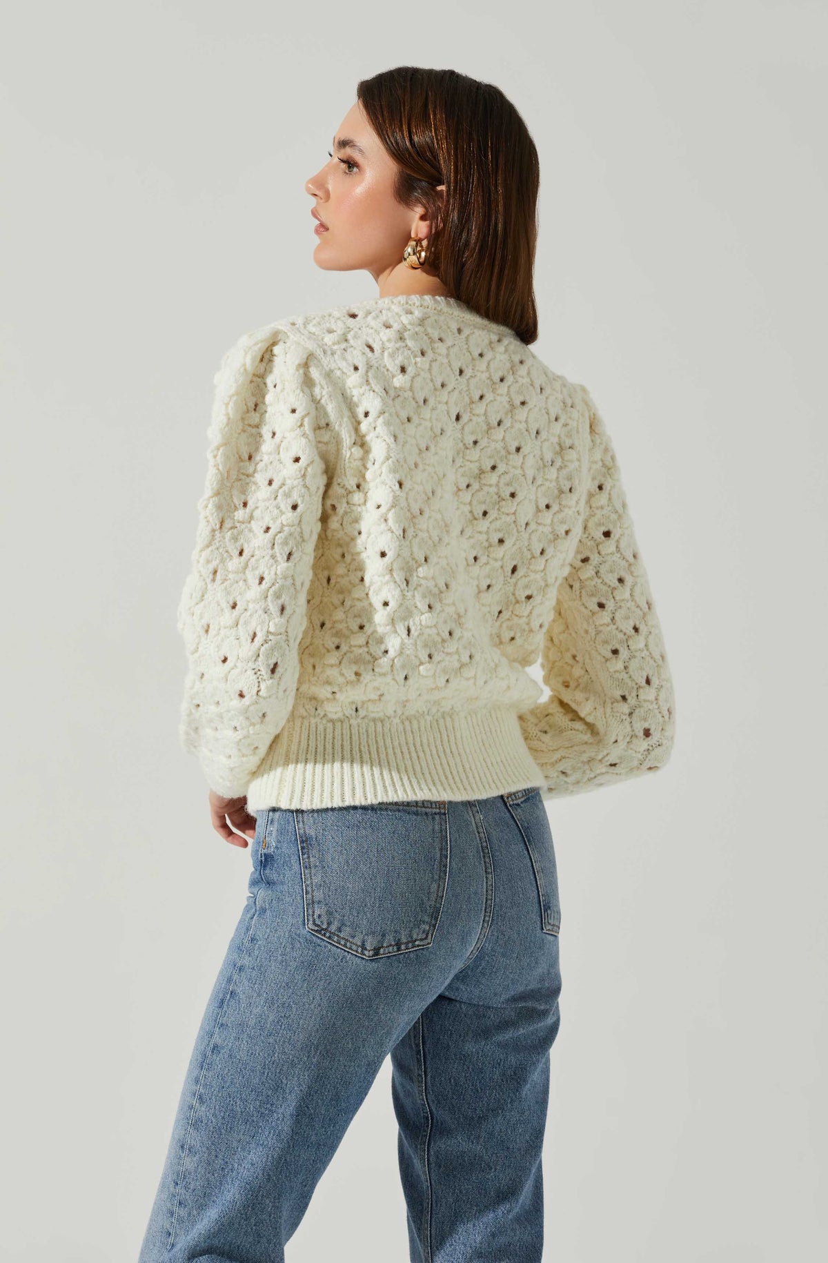 Bianca V Neck Pointelle Sweater - Cream / XS