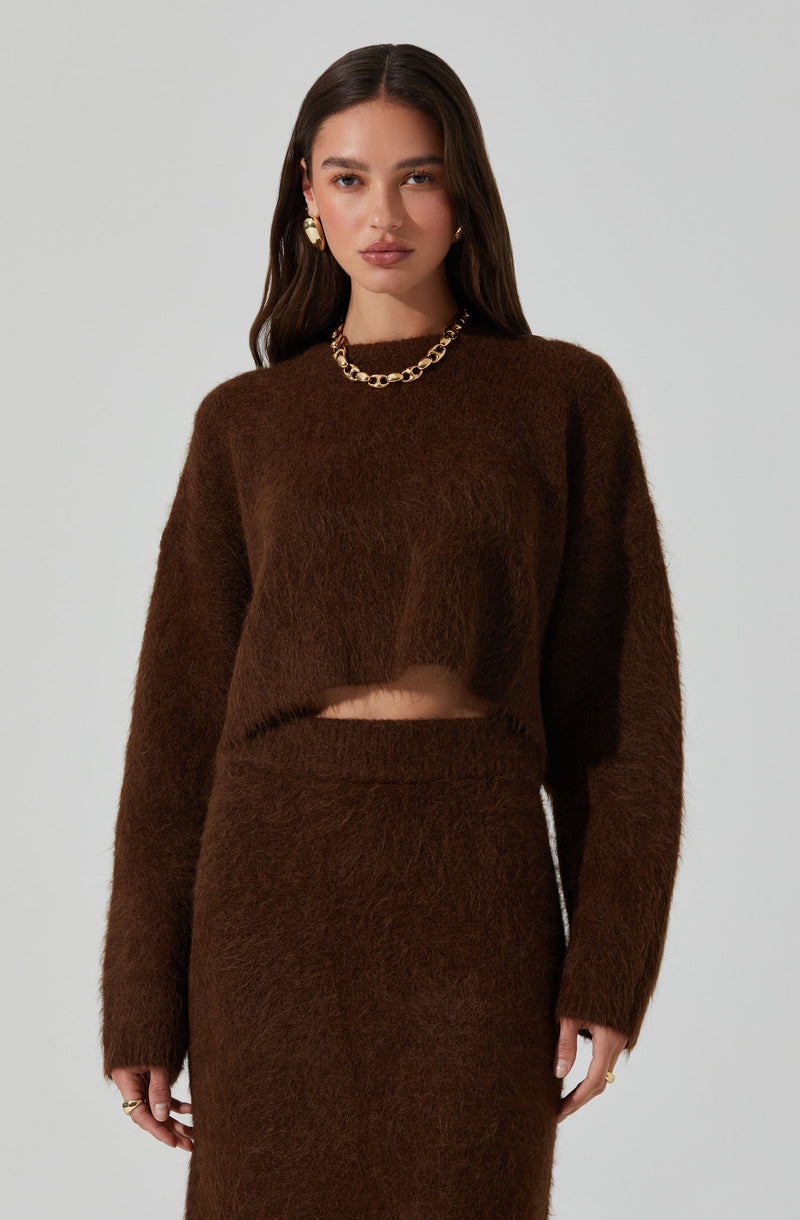 A woman is wearing a matching dark brown fuzzy knit sweater and skirt set. The sweater has a crew neckline and long sleeves, with a cropped length showing a small section of midriff. She is accessorized with large gold hoop earrings, a chunky gold chain necklace, and rings on her fingers.
