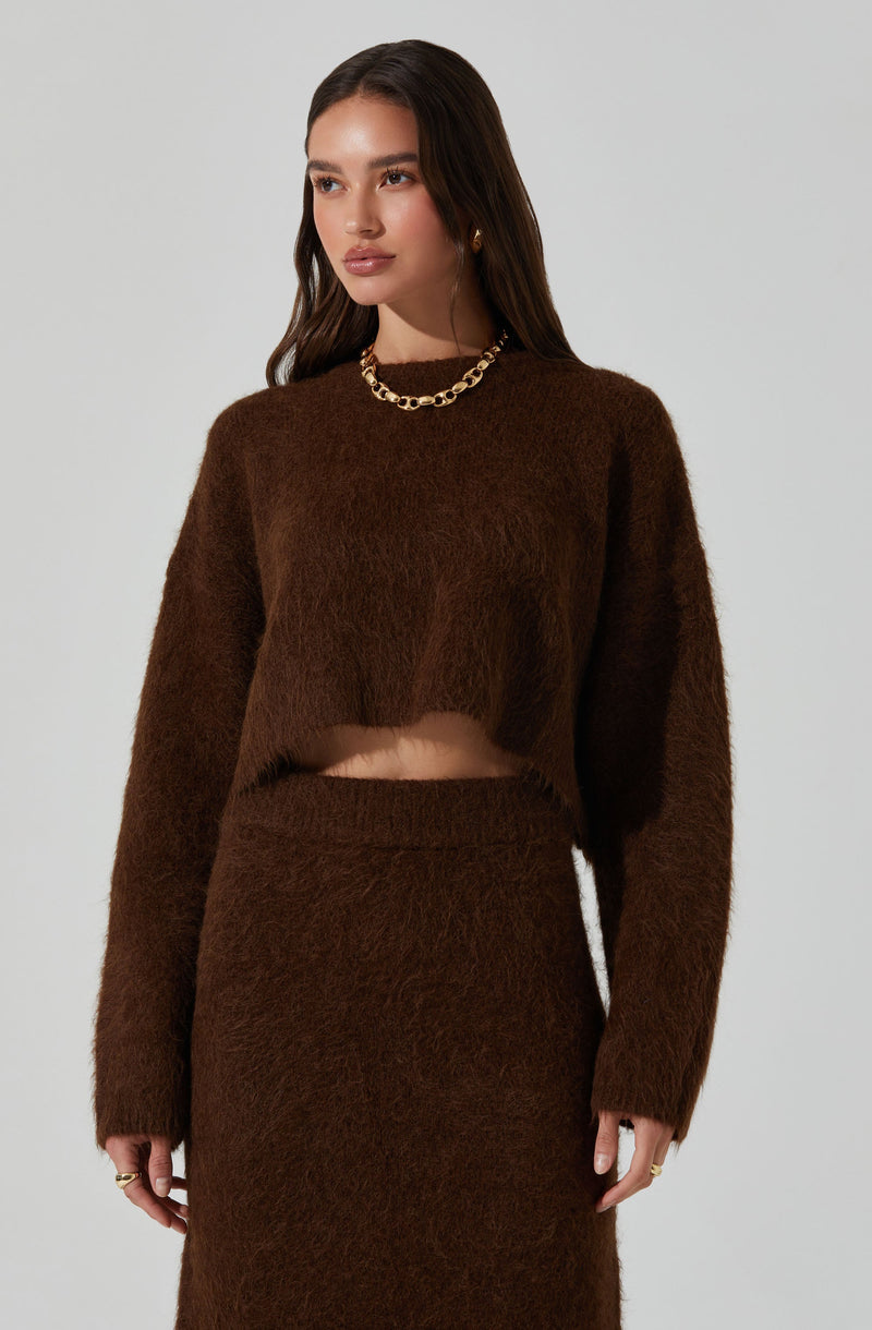 A woman is wearing a two-piece outfit made of brown fuzzy fabric. The top is a long-sleeve, cropped sweater with a relaxed fit, exposing a small section of her midriff. The matching skirt is high-waisted and knee-length, with a fitted silhouette. She accessorizes with a chunky gold chain necklace and small earrings.