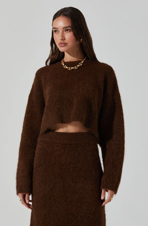A woman is wearing a two-piece outfit made of brown fuzzy fabric. The top is a long-sleeve, cropped sweater with a relaxed fit, exposing a small section of her midriff. The matching skirt is high-waisted and knee-length, with a fitted silhouette. She accessorizes with a chunky gold chain necklace and small earrings.