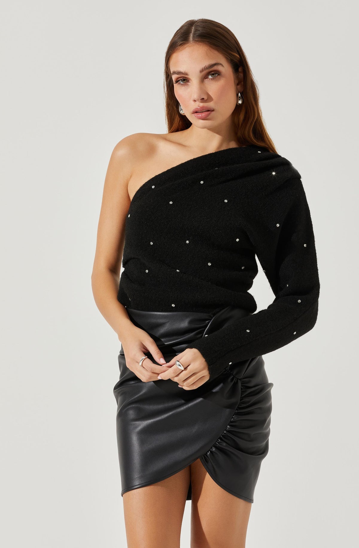 Tivoli Long Sleeve Embellished Cowl Neck Mini Dress in Black