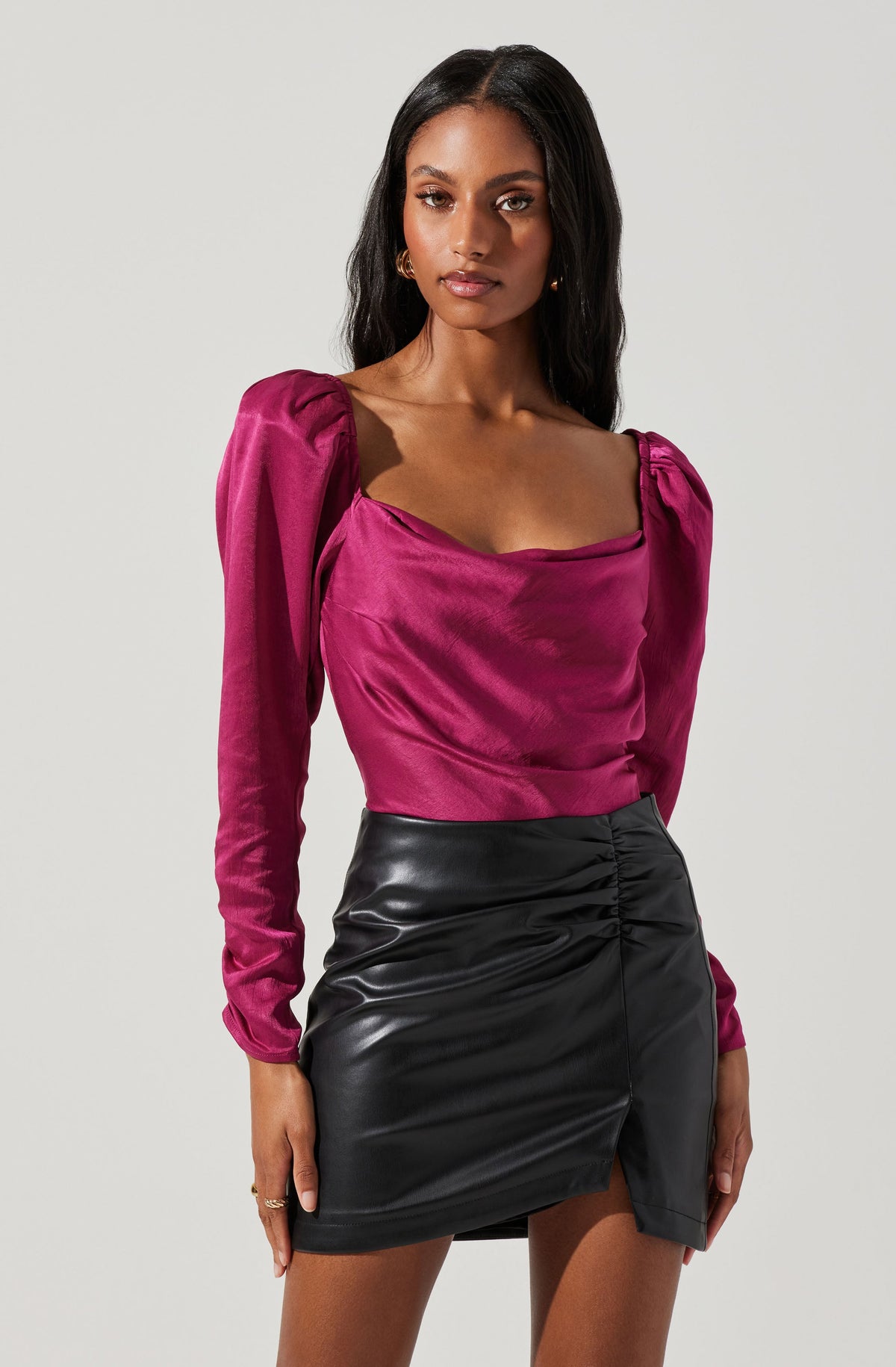 Katija Satin Cowl Neck Puff Sleeve Top – ASTR The Label