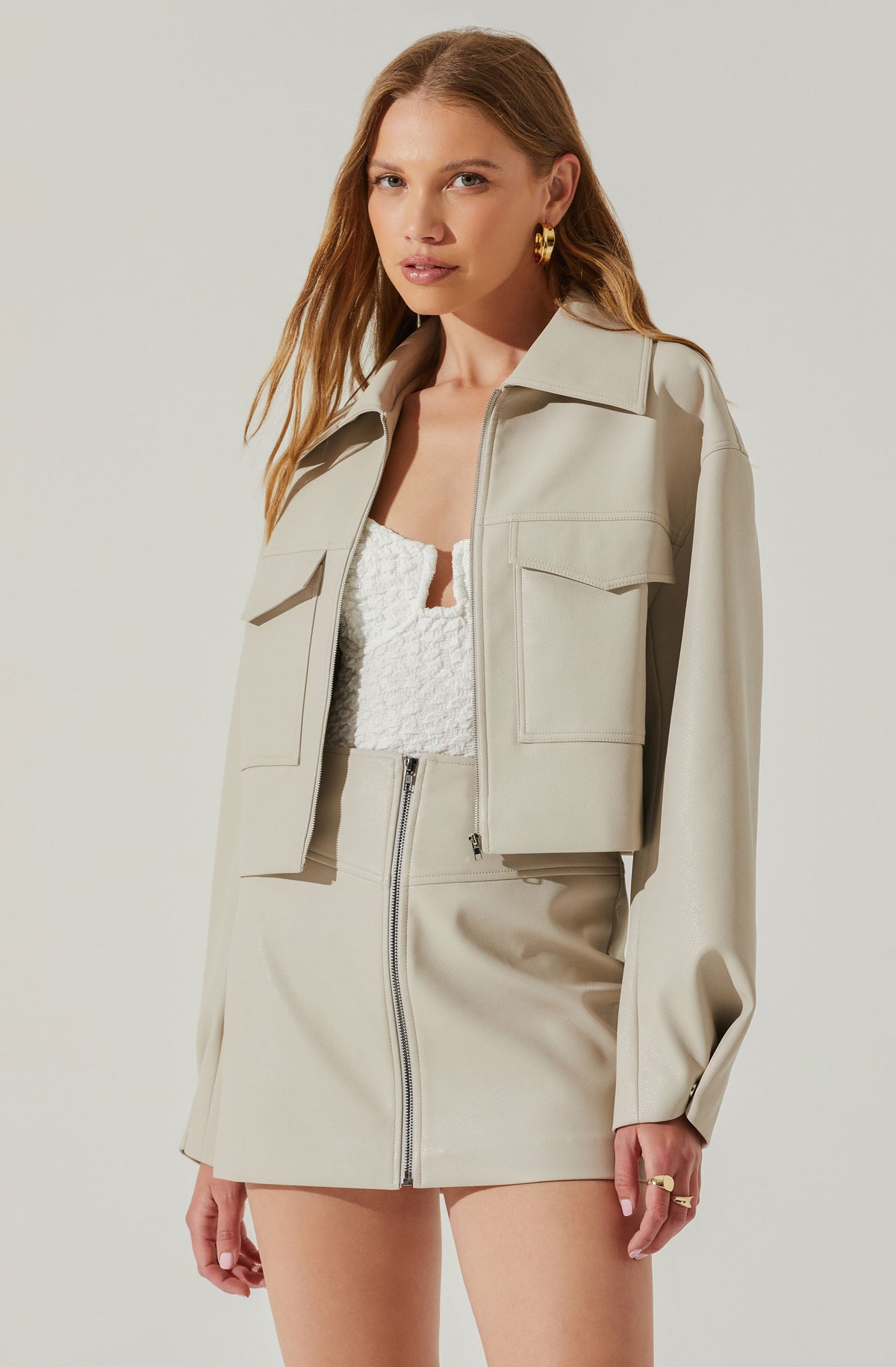 Tracy Faux Leather Cropped Cargo Jacket Ecru XS