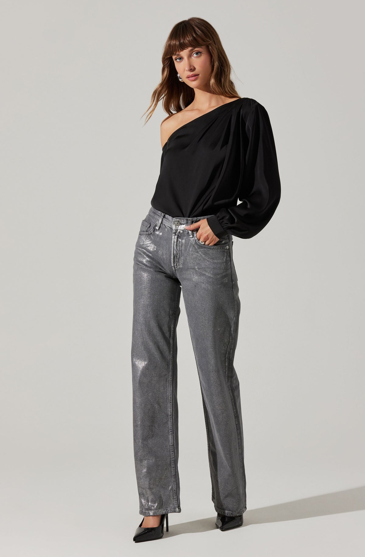 black satin one shoulder top