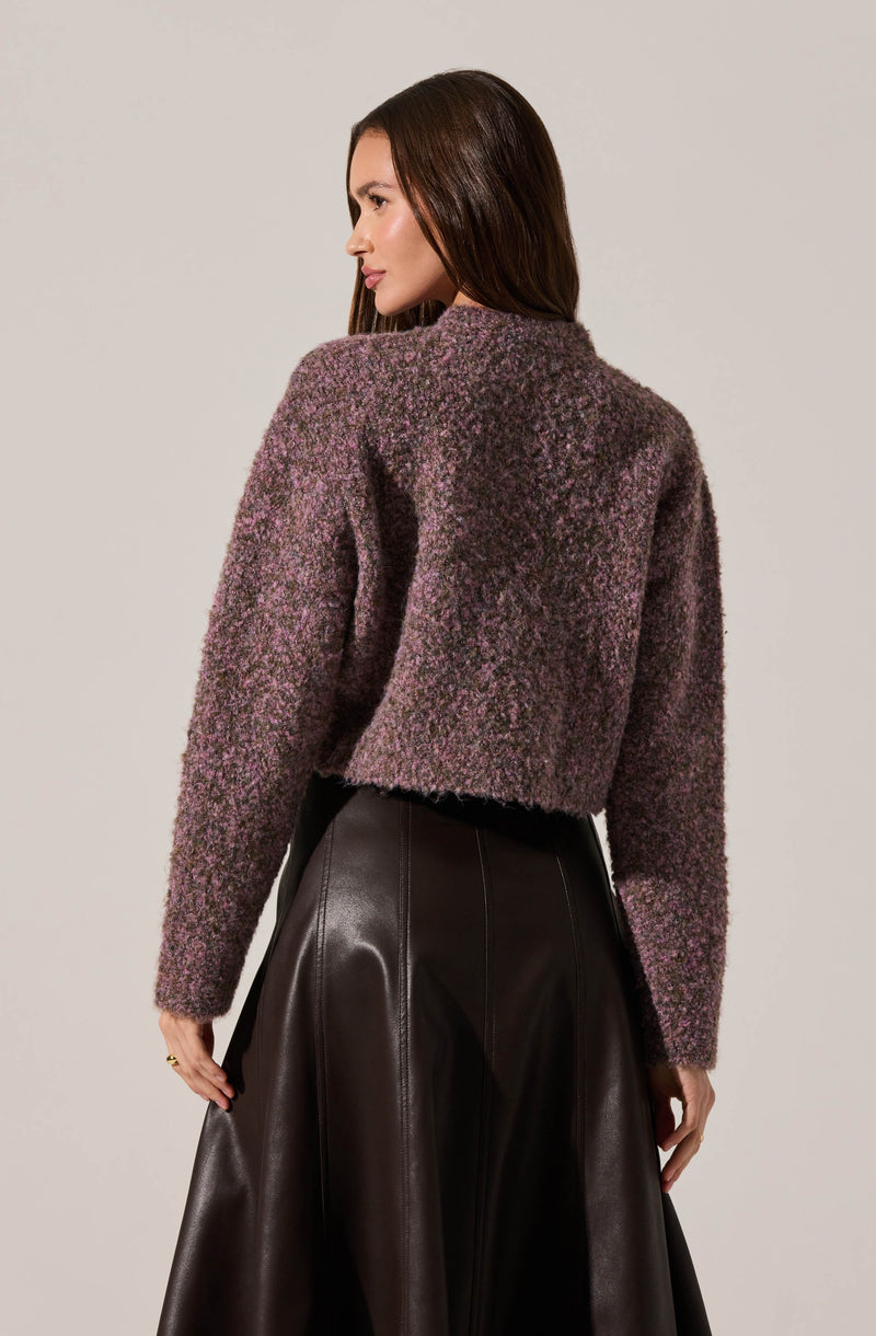 A woman is wearing a textured, fuzzy sweater in a mix of purple, pink, and brown tones. The sweater has a high neckline and long sleeves. She pairs it with a high-waisted, dark brown leather skirt that has a glossy finish.