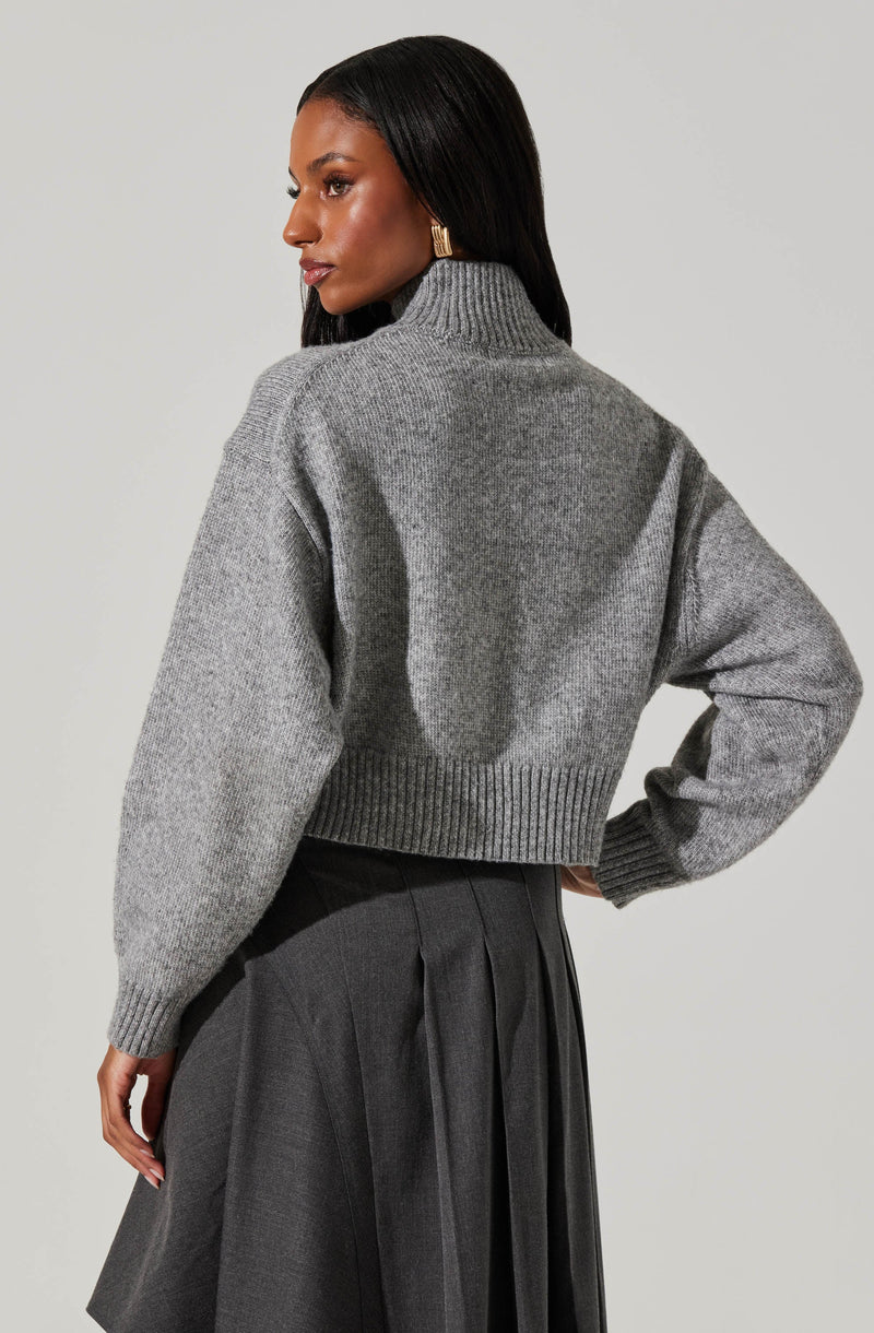 A woman is wearing a cropped, long-sleeve, gray turtleneck sweater with ribbed cuffs and waistband. She pairs it with a high-waisted, dark gray pleated skirt. She has long, straight black hair and is wearing a gold earring.