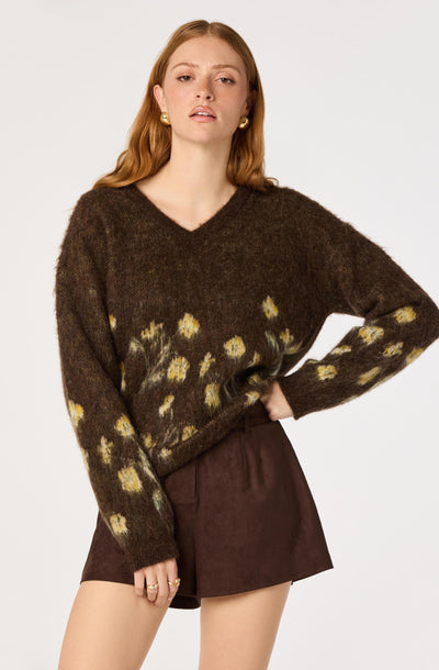 Bowie Brushed Floral V-Neck Sweater