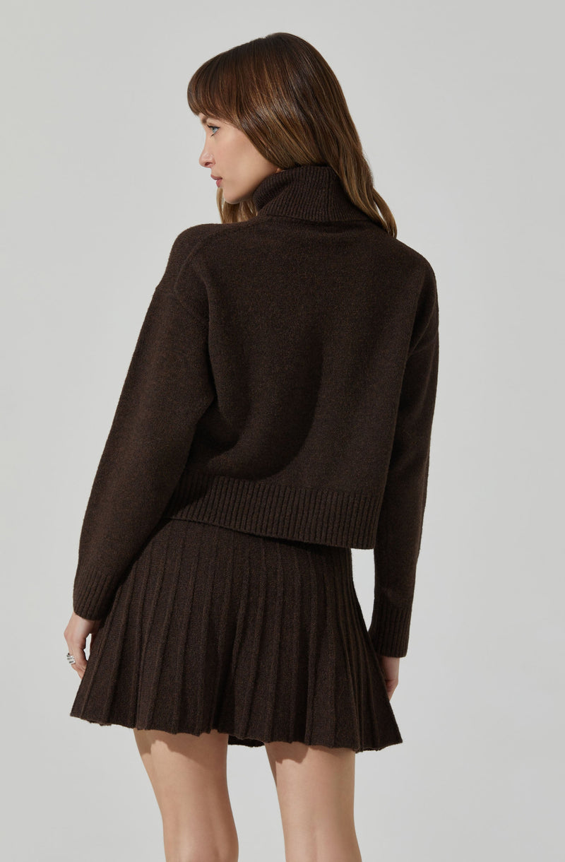 A woman is wearing a dark brown, high-neck, long-sleeve knit sweater paired with a matching ribbed pleated mini skirt.