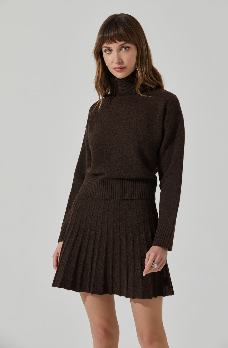 A woman is wearing a dark brown knit sweater with a high neckline and long sleeves. She pairs it with a matching dark brown ribbed pleated skirt.