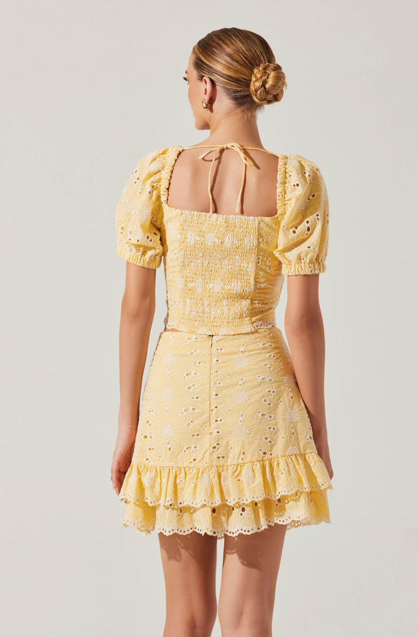 evelin ruched hem mini dress Evelin Eyelet Twist Front Top