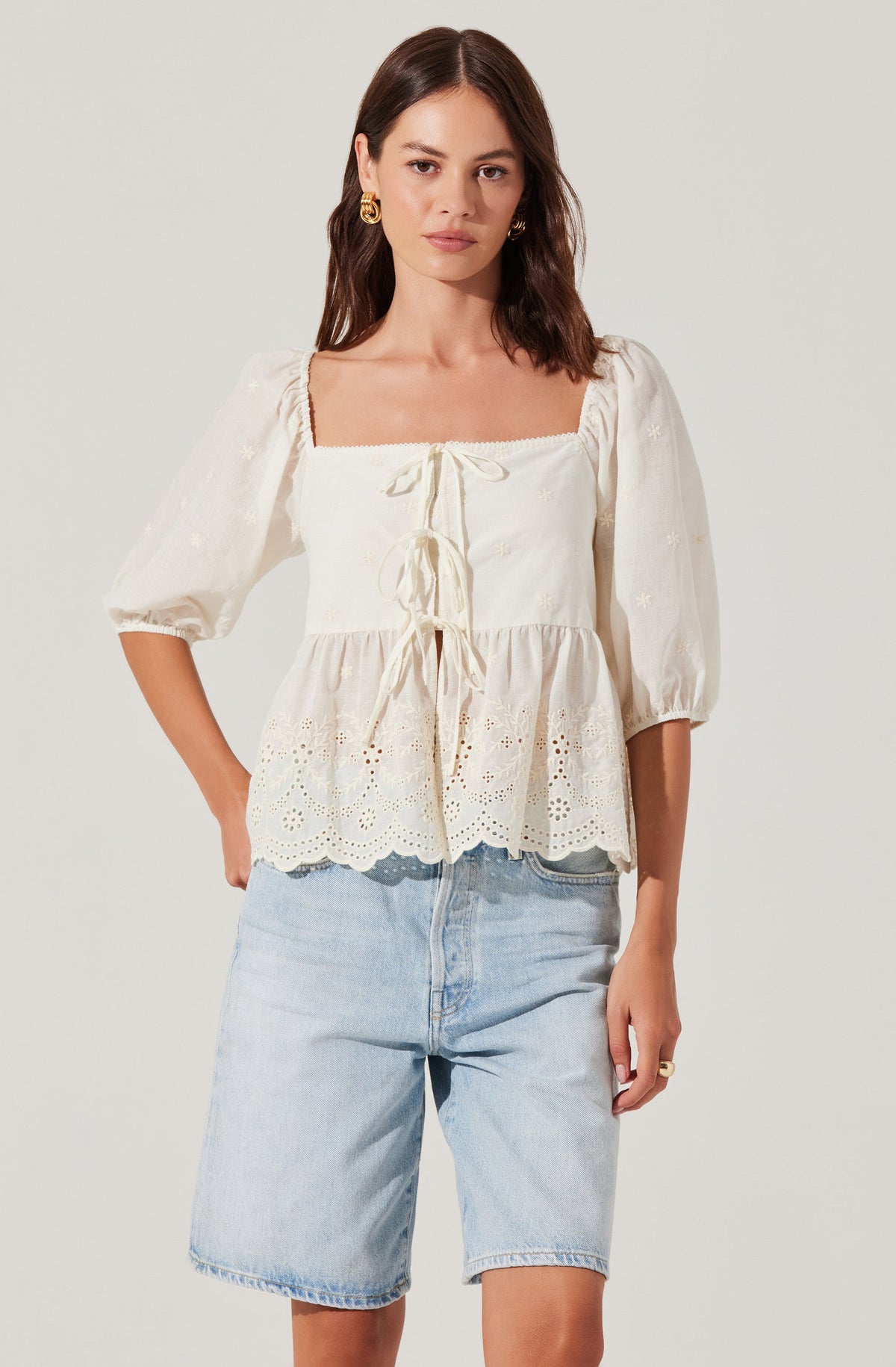 ALEXIA STAM - ★ALEXIA STAM★ Embroidered Tie Hem Shirt Alexia Denim Shirt