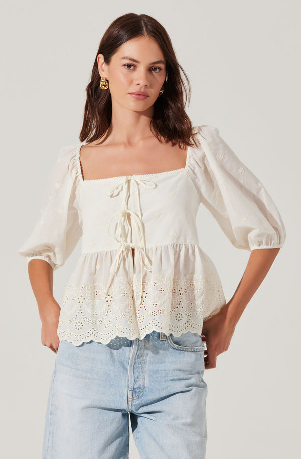 Ezmae Embroidered Tie-Front Top - ASTR the Label