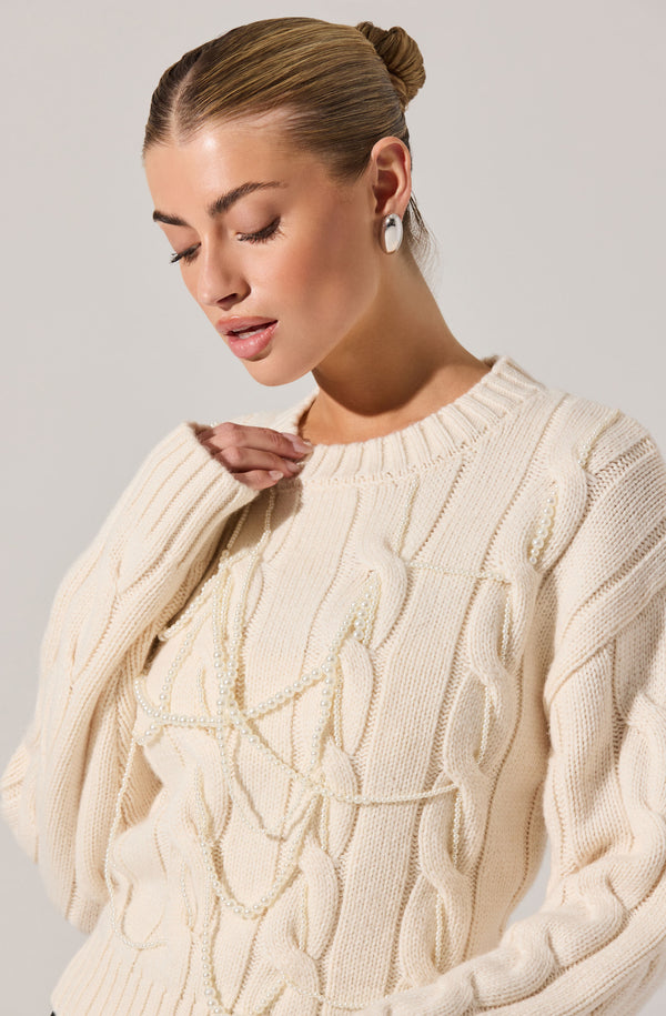 Pennina Pearl Embellished Cable Sweater - ASTR the Label Pennina Pearl Embellished Cable Sweater - ASTR the Label
