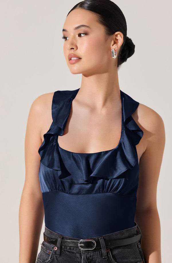 本日限定　shirred frill halter tops Lova Shirred Halter Neck Crop Top in Sky Grey | Oh Polly