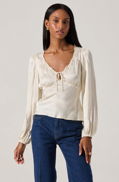 Roya Eyelet Trim Satin Top